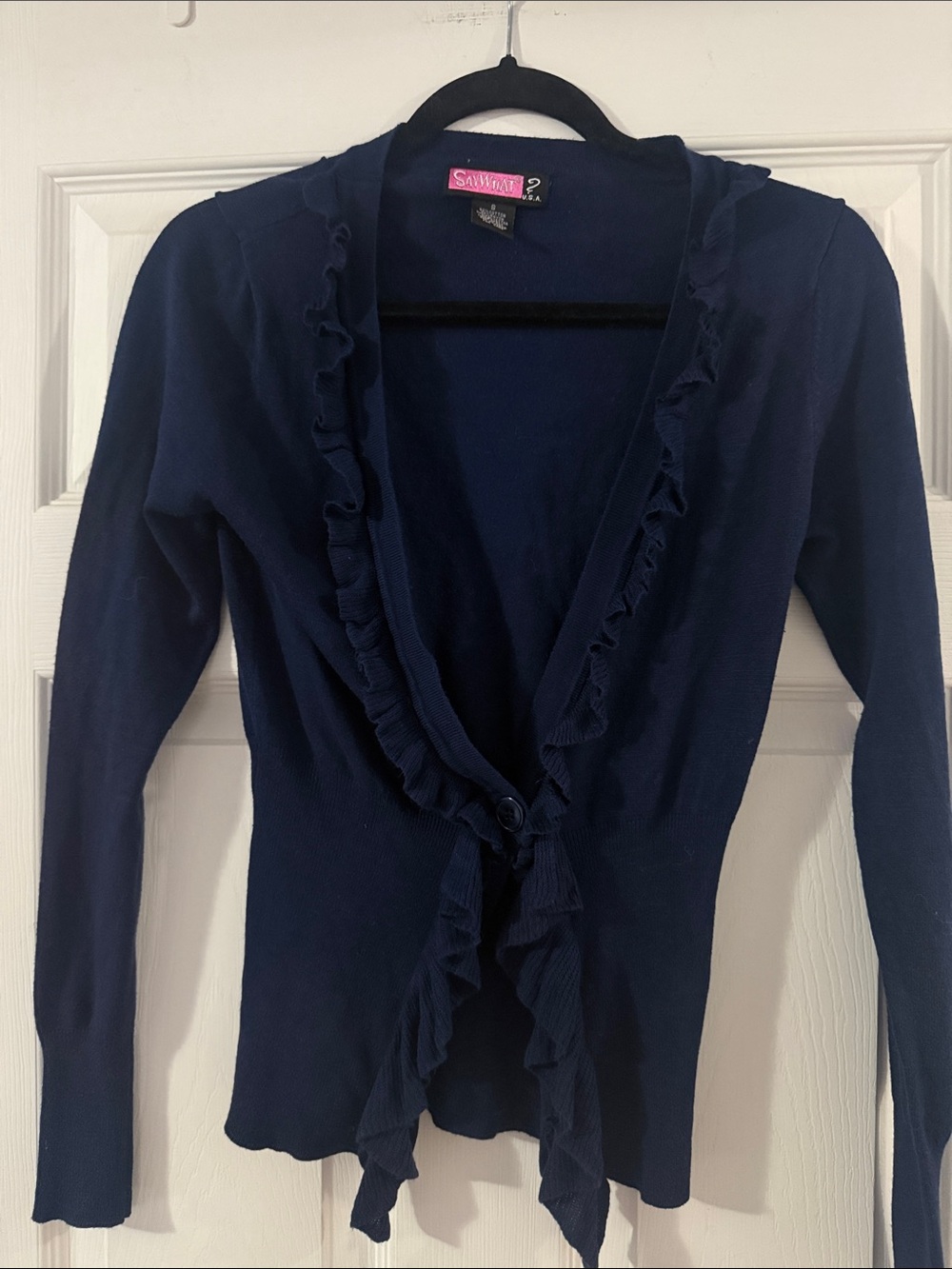 Say What? Navy Ruffle-Trim Women's Sweater Cardigan
